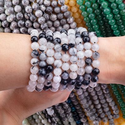 Loose Bead Strands Đen Rutilated Quartz Semi Precious Stone Đá quý tinh thể tự nhiên Đá quý để làm đồ trang sức DIY