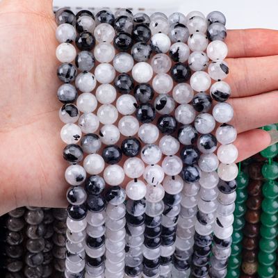 Loose Bead Strands Đen Rutilated Quartz Semi Precious Stone Đá quý tinh thể tự nhiên Đá quý để làm đồ trang sức DIY