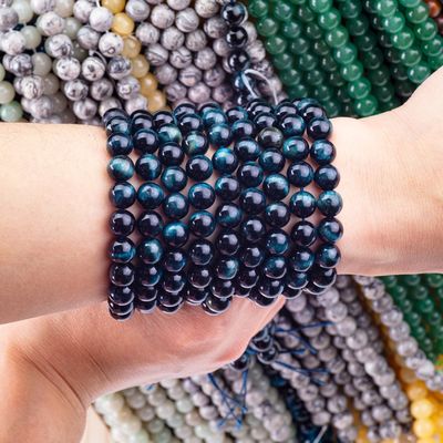 Natural Crystal Gemstone Ink Blue Tiger's Eye Loose Bead Strands Semi Precious Stone cho việc làm đồ trang sức DIY