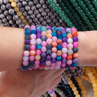 Rainbow Weathered Agate Loose Bead Strands Semi Precious Stone Matt Frosted Cracked Agate để làm đồ trang sức DIY
