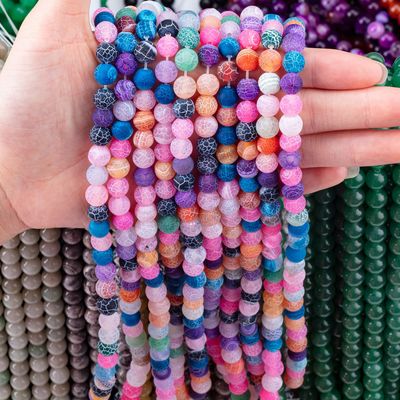 Rainbow Weathered Agate Loose Bead Strands Semi Precious Stone Matt Frosted Cracked Agate để làm đồ trang sức DIY