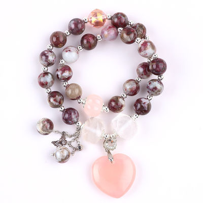 Hoa đậu hoa Tourmaline Rose Quartz Heart Dangle Charm Stretch Double Layer Bead Bracelet