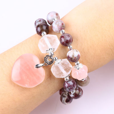 Hoa đậu hoa Tourmaline Rose Quartz Heart Dangle Charm Stretch Double Layer Bead Bracelet