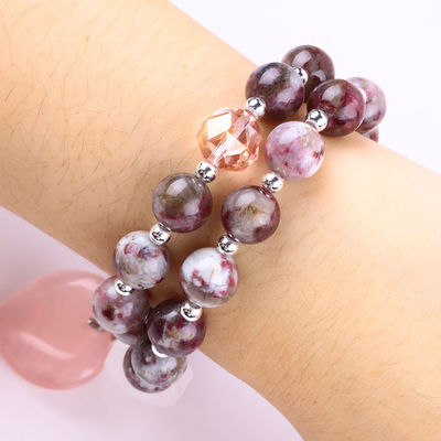 Hoa đậu hoa Tourmaline Rose Quartz Heart Dangle Charm Stretch Double Layer Bead Bracelet