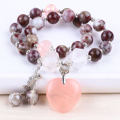 Hoa đậu hoa Tourmaline Rose Quartz Heart Dangle Charm Stretch Double Layer Bead Bracelet