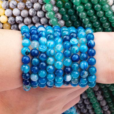 Blue Striped Agate Loose Bead Strands Semi Precious Stone cho việc làm đồ trang sức DIY