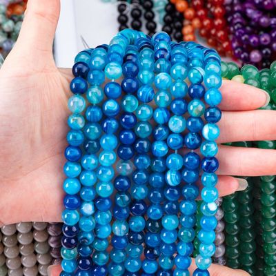 Blue Striped Agate Loose Bead Strands Semi Precious Stone cho việc làm đồ trang sức DIY