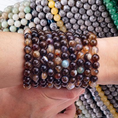 Coffee Stripped Agate Loose Bead Strands Semi Precious Stone để làm đồ trang sức DIY