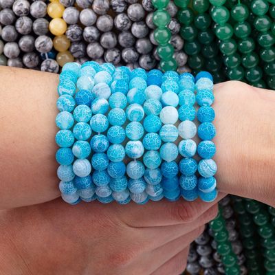 Blue Weathered Agate Loose Bead Strands Semi Precious Stone Matt Frosted Cracked Agate Cho việc làm đồ trang sức DIY