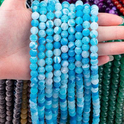 Blue Weathered Agate Loose Bead Strands Semi Precious Stone Matt Frosted Cracked Agate Cho việc làm đồ trang sức DIY