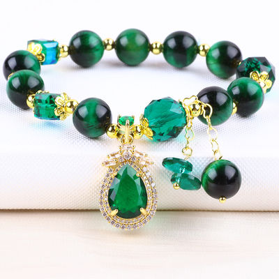 Chiếc vòng đeo tay Tiger Eye màu xanh lá cây 10mm với lớp phủ vàng đồng