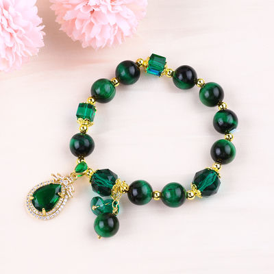 Chiếc vòng đeo tay Tiger Eye màu xanh lá cây 10mm với lớp phủ vàng đồng