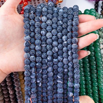 Dark Blue Weathered Agate Loose Bead Strands Semi Precious Stone Matt Frosted Cracked Agate để làm đồ trang sức DIY