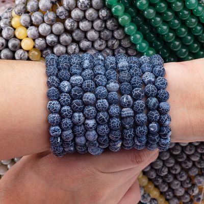 Dark Blue Weathered Agate Loose Bead Strands Semi Precious Stone Matt Frosted Cracked Agate để làm đồ trang sức DIY