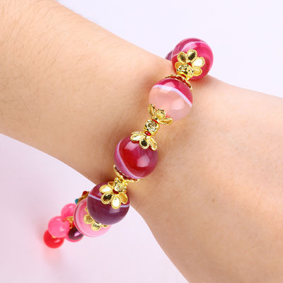 Chiếc vòng tay đá Agate màu hồng 14mm với hình chạm khắc cáo chín đuôi màu tím