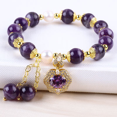 10mm Bead Dream Amethyst Stone Stretch Bracelets với màu tím Bling Bling Charm