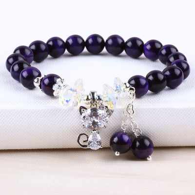 Màu tím Tiger Eye Semi đá quý vòng tay 8mm Bead thủ công vòng tay đá quý