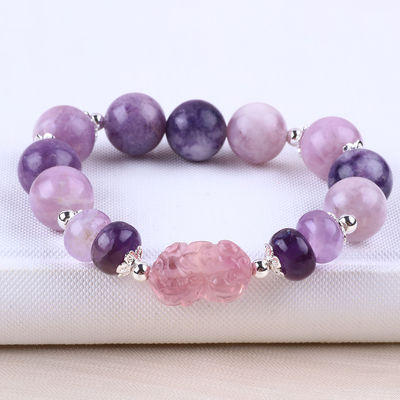 14MM màu tím Mica vòng đeo tay Fluorite Pixiu Stretch Bead vòng đeo tay mang lại sự giàu có may mắn