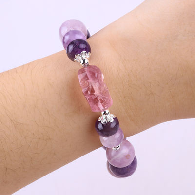14MM màu tím Mica vòng đeo tay Fluorite Pixiu Stretch Bead vòng đeo tay mang lại sự giàu có may mắn