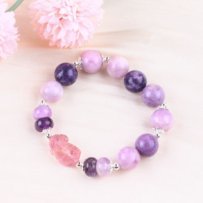 14MM màu tím Mica vòng đeo tay Fluorite Pixiu Stretch Bead vòng đeo tay mang lại sự giàu có may mắn
