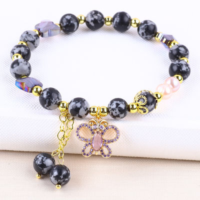 8MM chữa bệnh đá tự nhiên bông tuyết Obsidian với bông hoa bướm màu tím