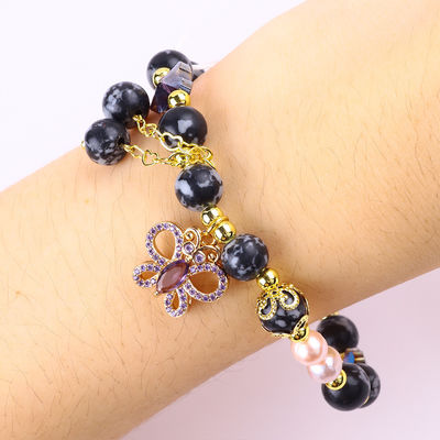 8MM chữa bệnh đá tự nhiên bông tuyết Obsidian với bông hoa bướm màu tím