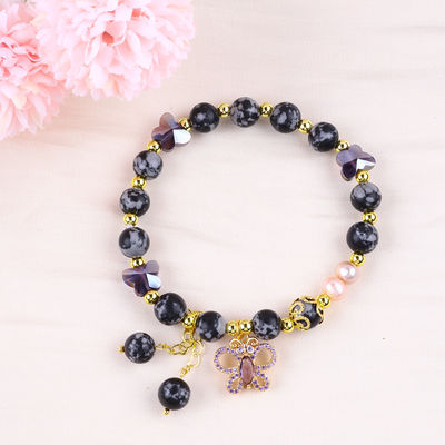 8MM chữa bệnh đá tự nhiên bông tuyết Obsidian với bông hoa bướm màu tím