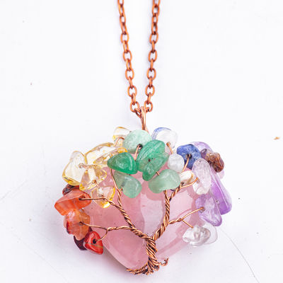 Rose Quartz hình trái tim Crystal Tree Chakra Gem Necklace