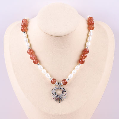 Phụ nữ Strawberry Quartz 5mm White Freshwater Pearl Necklace