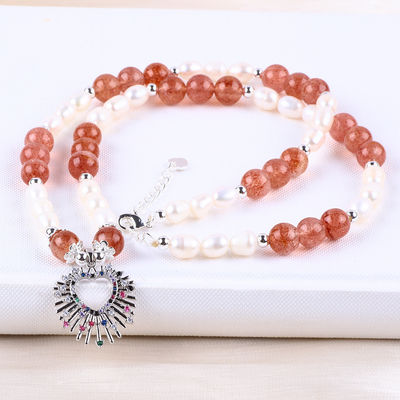 Phụ nữ Strawberry Quartz 5mm White Freshwater Pearl Necklace