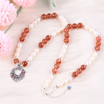 Phụ nữ Strawberry Quartz 5mm White Freshwater Pearl Necklace