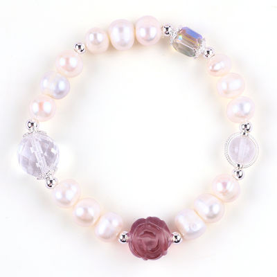 Vòng đeo tay ngọc trai nước ngọt tự nhiên đàn hồi với hoa hoa hoa hoa hồng màu tím Fluorite