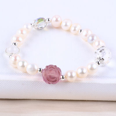 Vòng đeo tay ngọc trai nước ngọt tự nhiên đàn hồi với hoa hoa hoa hoa hồng màu tím Fluorite