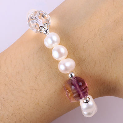 Vòng đeo tay ngọc trai nước ngọt tự nhiên đàn hồi với hoa hoa hoa hoa hồng màu tím Fluorite