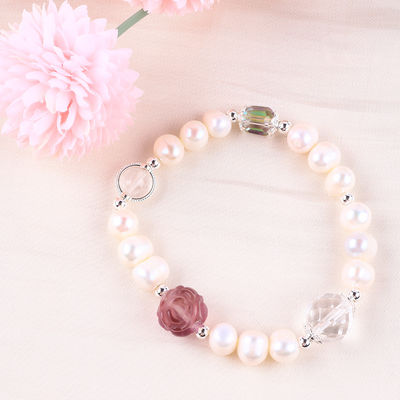 Vòng đeo tay ngọc trai nước ngọt tự nhiên đàn hồi với hoa hoa hoa hoa hồng màu tím Fluorite