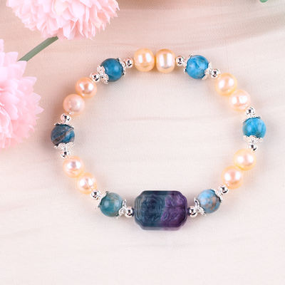 Blue Apatite Bead Stone Pink Freshwater Pearl Bracelet OEM ODM