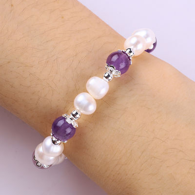 8mm Bead Amethyst Crystal White nước ngọt ngào Pearl vòng tay