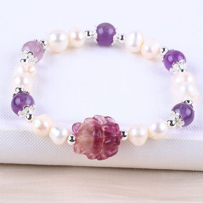 8mm Bead Amethyst Crystal White nước ngọt ngào Pearl vòng tay