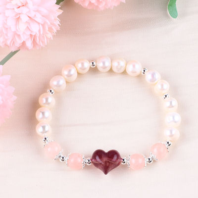 8MM Ngọc trai nước ngọt màu hồng dây đeo đeo tay đá tinh thể trái tim