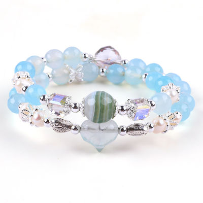 8MM đa dạng Blue Agate hình tròn hạt và nước ngọt màu trắng ngọc trai điều chỉnh vòng đeo