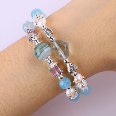 8MM đa dạng Blue Agate hình tròn hạt và nước ngọt màu trắng ngọc trai điều chỉnh vòng đeo