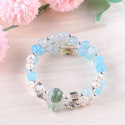 8MM đa dạng Blue Agate hình tròn hạt và nước ngọt màu trắng ngọc trai điều chỉnh vòng đeo