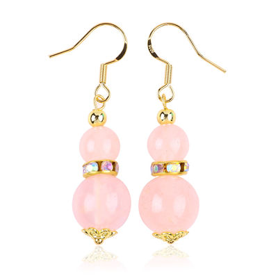 Năng lượng chữa bệnh Pink Rose Quartz Crystal Short Dangle Round Shape Bead Hook Bàn tai cho mặc hàng ngày
