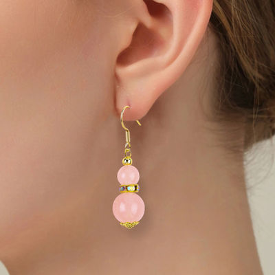 Năng lượng chữa bệnh Pink Rose Quartz Crystal Short Dangle Round Shape Bead Hook Bàn tai cho mặc hàng ngày