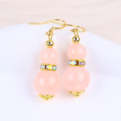 Năng lượng chữa bệnh Pink Rose Quartz Crystal Short Dangle Round Shape Bead Hook Bàn tai cho mặc hàng ngày