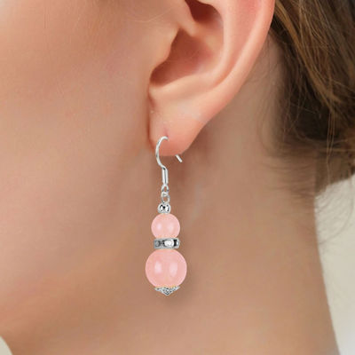 Vòng tai làm bằng tay đá tinh thể Rose Quartz đá quý đinh dây chuyền
