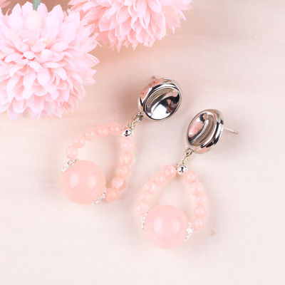 Vòng tai làm bằng tay đá tinh thể Rose Quartz đá quý đinh dây chuyền