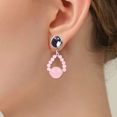 Vòng tai làm bằng tay đá tinh thể Rose Quartz đá quý đinh dây chuyền