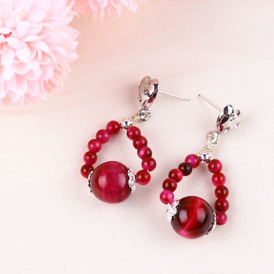 Vòng tai làm bằng tay đá tinh thể Hoa hồng Mắt hổ đỏ Đá quý Vòng lòng đinh Vòng tai đeo
