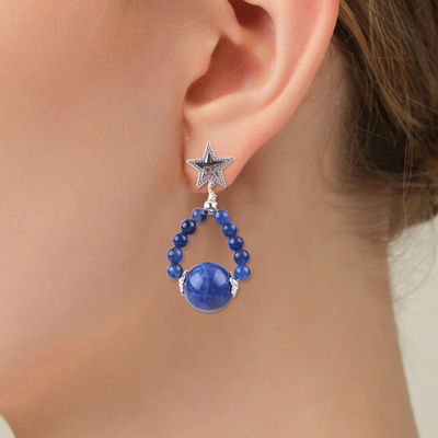 Vòng tai làm bằng tay đá tinh thể Sodalite đá quý đinh hoa Star Charms Anh dây chuyền Vòng tai
